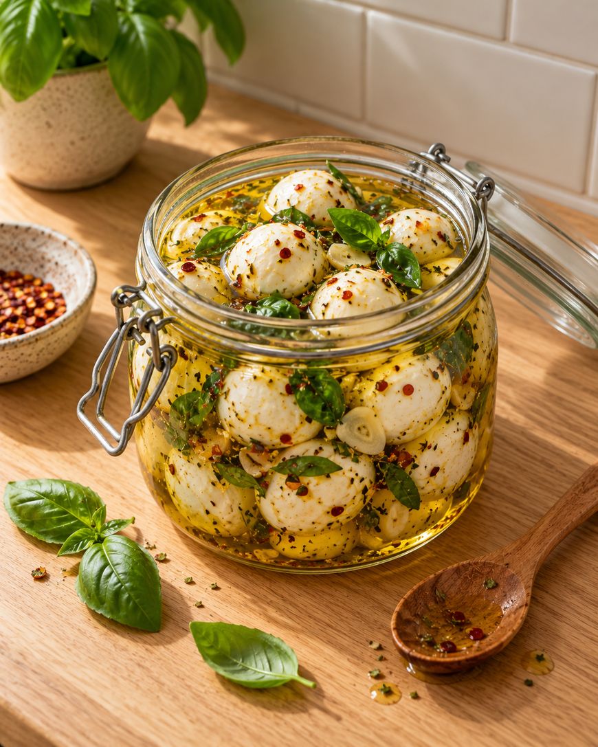 A glass jar filled with marinated mozzarella balls, olive oil, basil, and red pepper flakes, sitting on a wooden surface next to a wooden spoon.