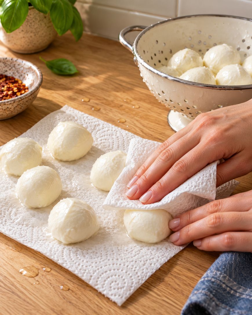 Hands patting fresh mozzarella balls dry with a paper towel on a wooden counter.