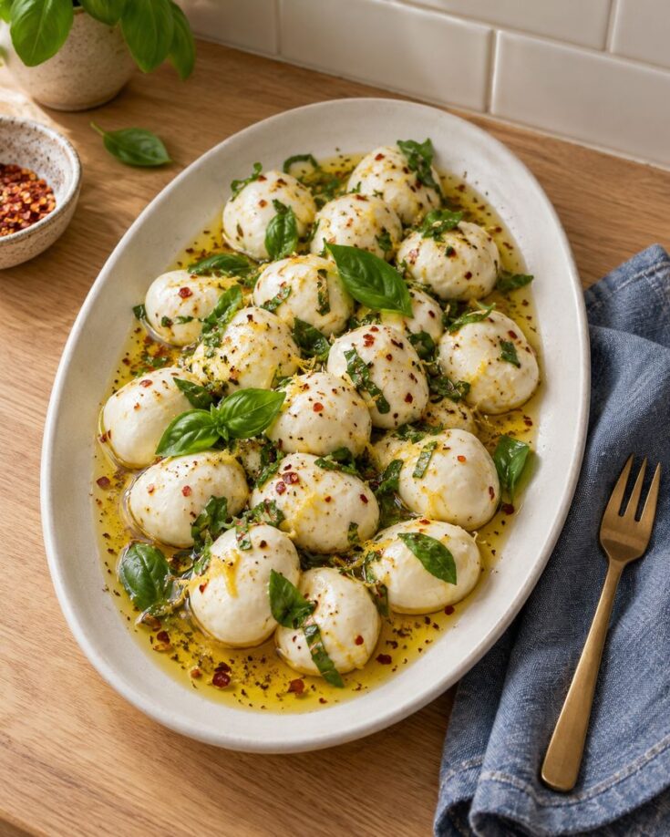 Oval platter of mozzarella pearls marinated in olive oil, garnished with fresh basil and red pepper flakes.