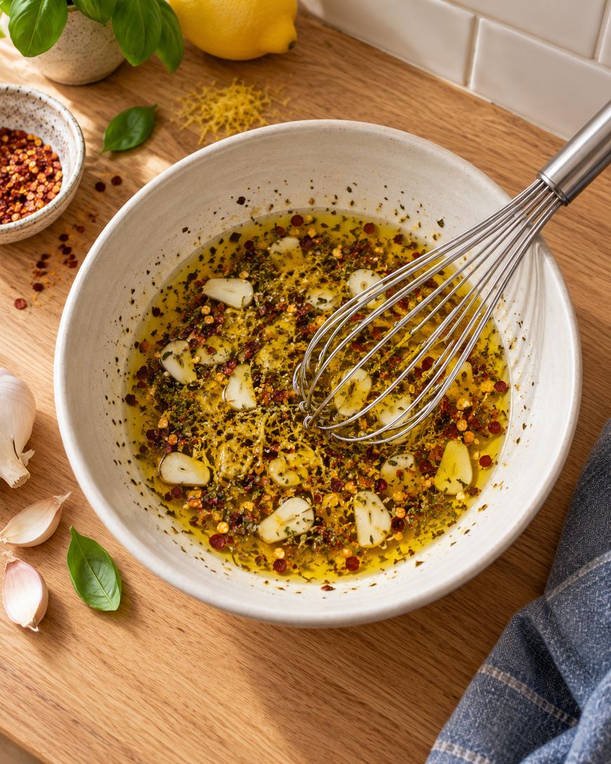A wire whisk in a bowl mixing olive oil, sliced garlic, dried herbs, and red pepper flakes.