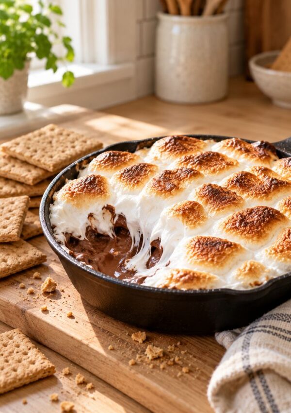 A cast iron skillet filled with melted chocolate and toasted marshmallows, surrounded by graham crackers on a wooden surface in a sunlit kitchen.