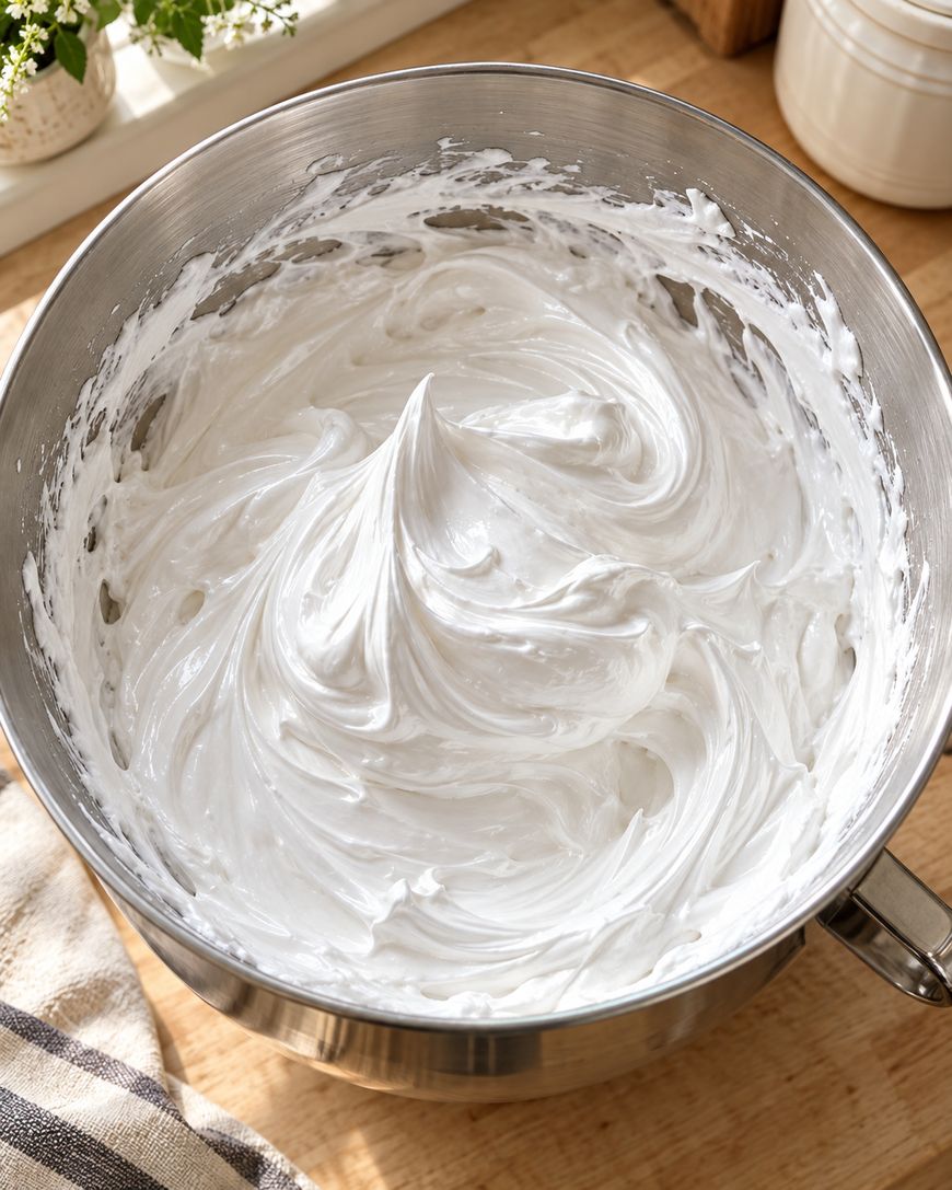 A metal mixing bowl filled with fluffy, white whipped cream or meringue sits on a wooden countertop, with peaks formed in the mixture. A striped towel is partially visible nearby.