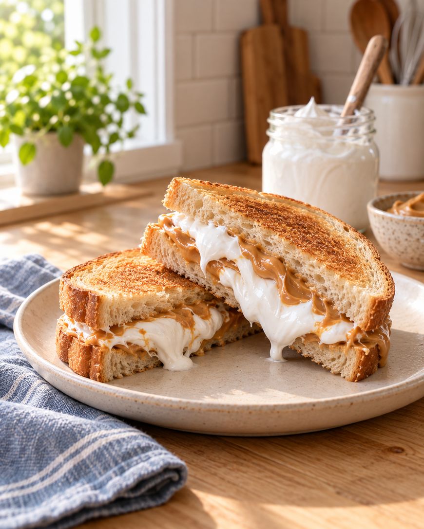 A peanut butter and marshmallow fluff sandwich is sliced in half on a plate, with creamy filling oozing out. A jar of marshmallow fluff and plants are in the softly lit kitchen background.