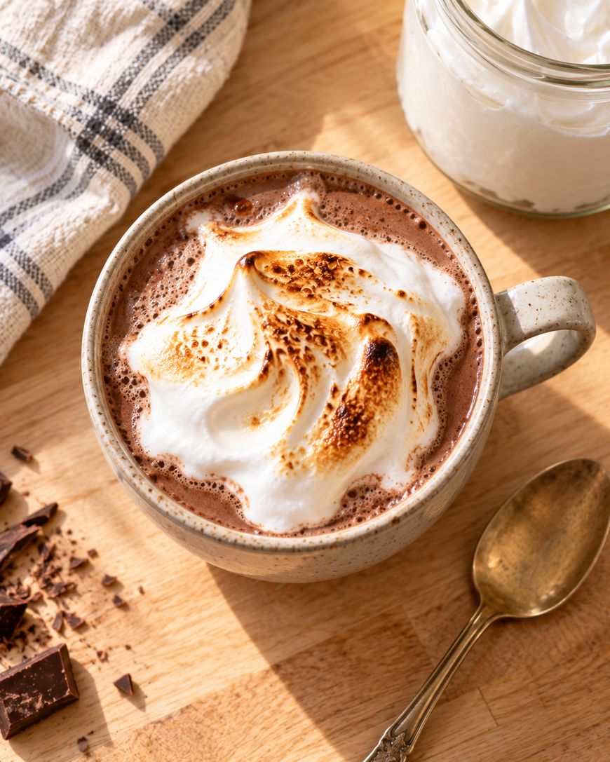 A mug of hot chocolate topped with toasted whipped cream sits on a wooden surface next to a gold spoon, a jar of whipped cream, chopped chocolate, and a striped kitchen towel.