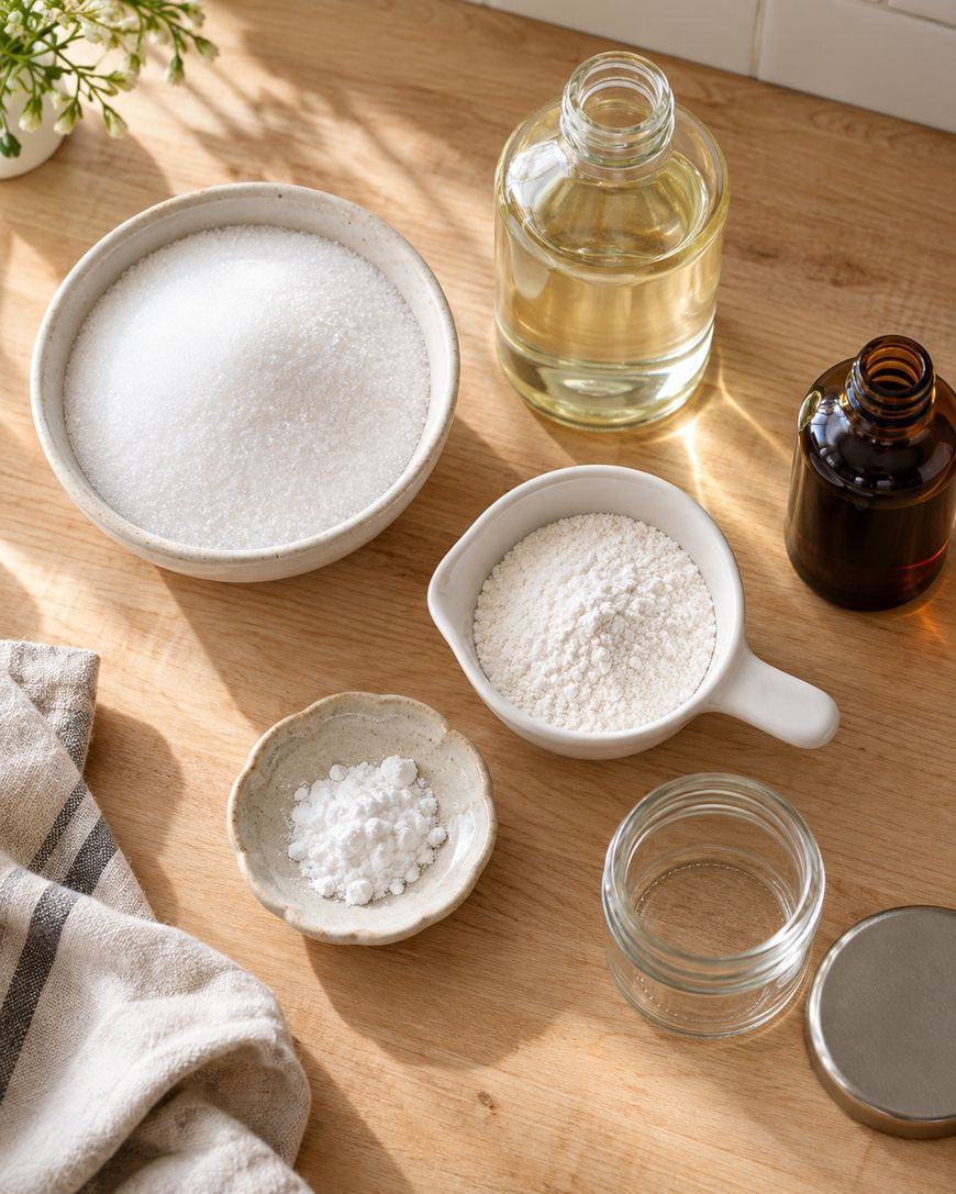 A collection of ingredients in bowls and bottles, including white powder, granules, and clear liquids, arranged on a wooden surface with a striped cloth and an empty glass jar.