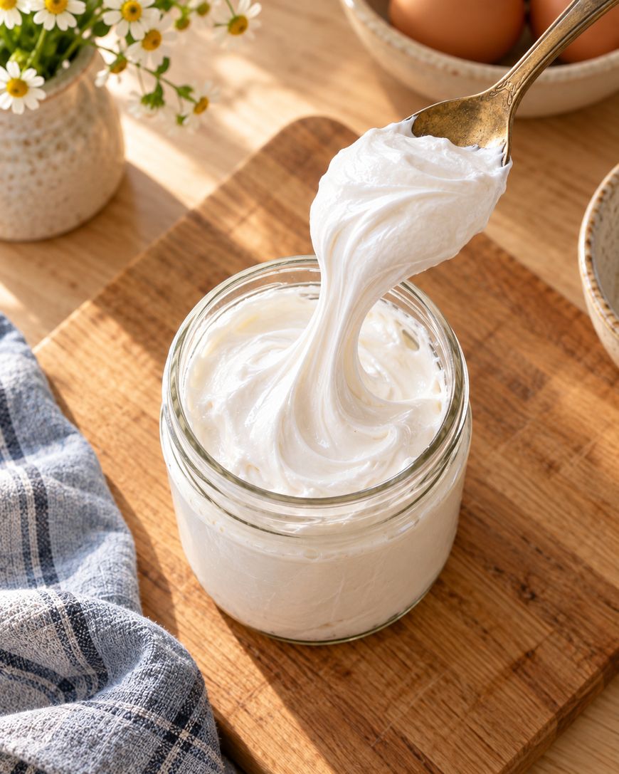 A spoon lifts fluffy white cream from a glass jar on a wooden board. A striped cloth, eggs, and a small vase of flowers are nearby, bathed in natural light.