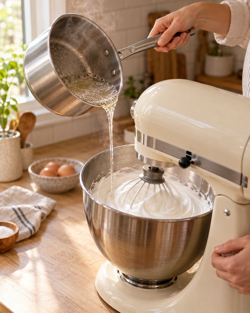 A person pours hot liquid from a saucepan into a stand mixer with whipped egg whites on a kitchen counter, with eggs, a towel, and sunlight in the background.