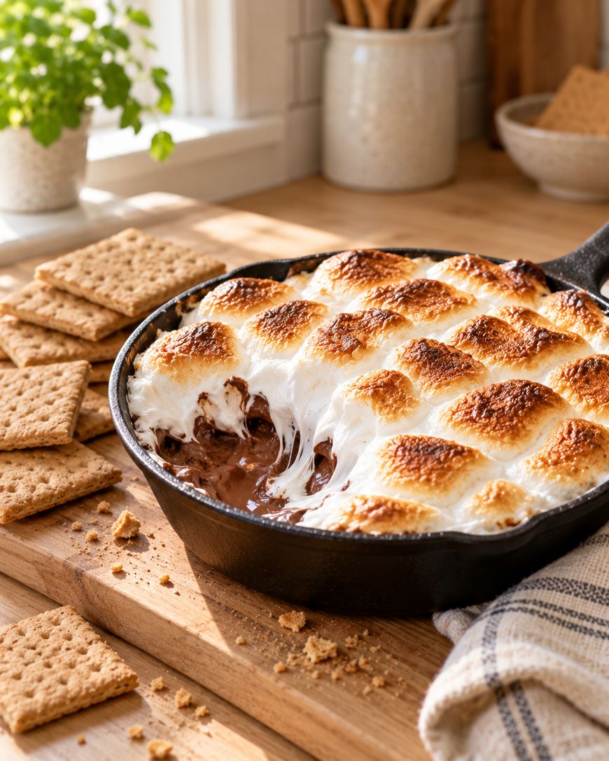 A cast iron skillet filled with gooey, toasted marshmallow and melted chocolate, surrounded by graham crackers on a wooden surface in a sunlit kitchen.