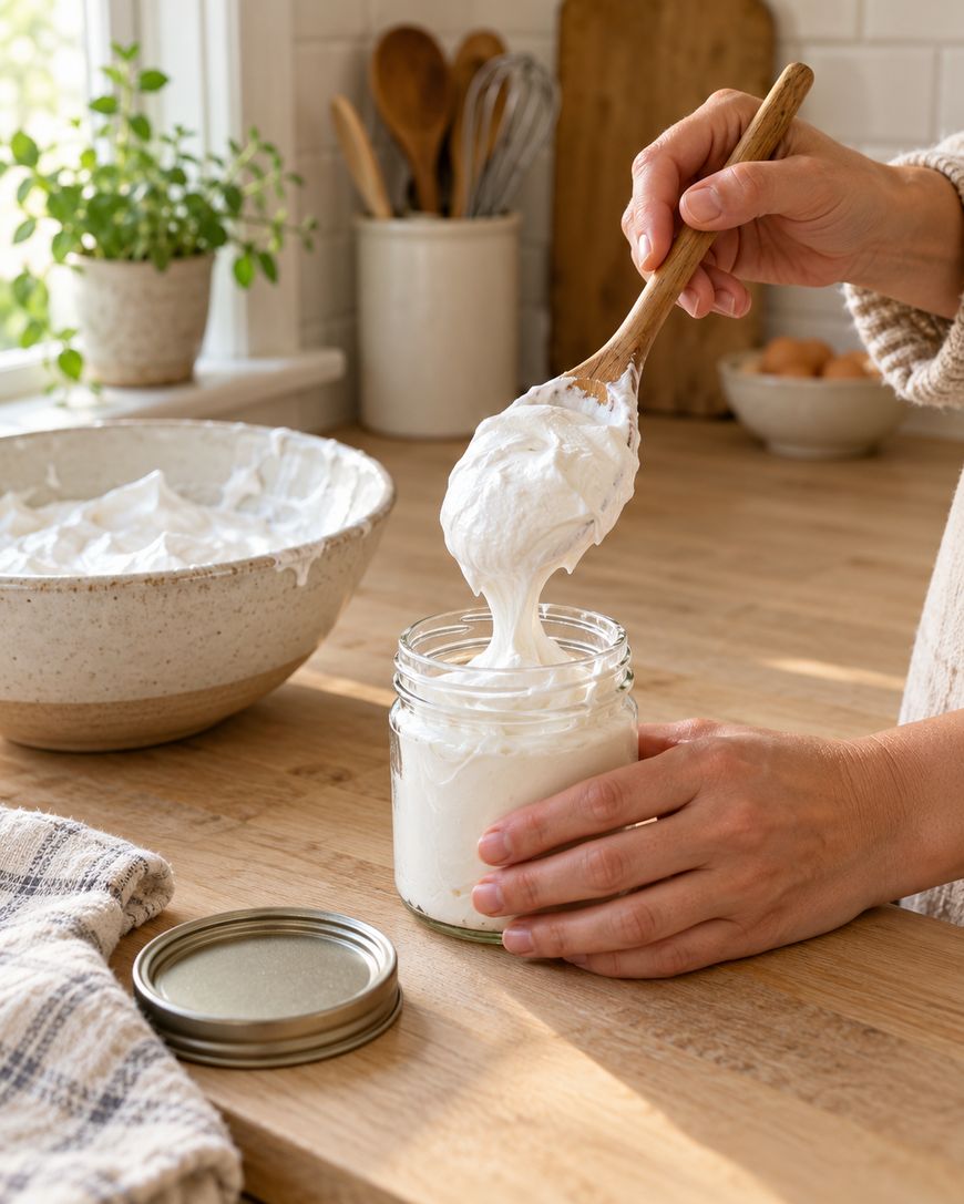 A person scoops fluffy white whipped cream or frosting from a bowl into a glass jar in a cozy kitchen, with a striped towel and kitchen utensils in the background.