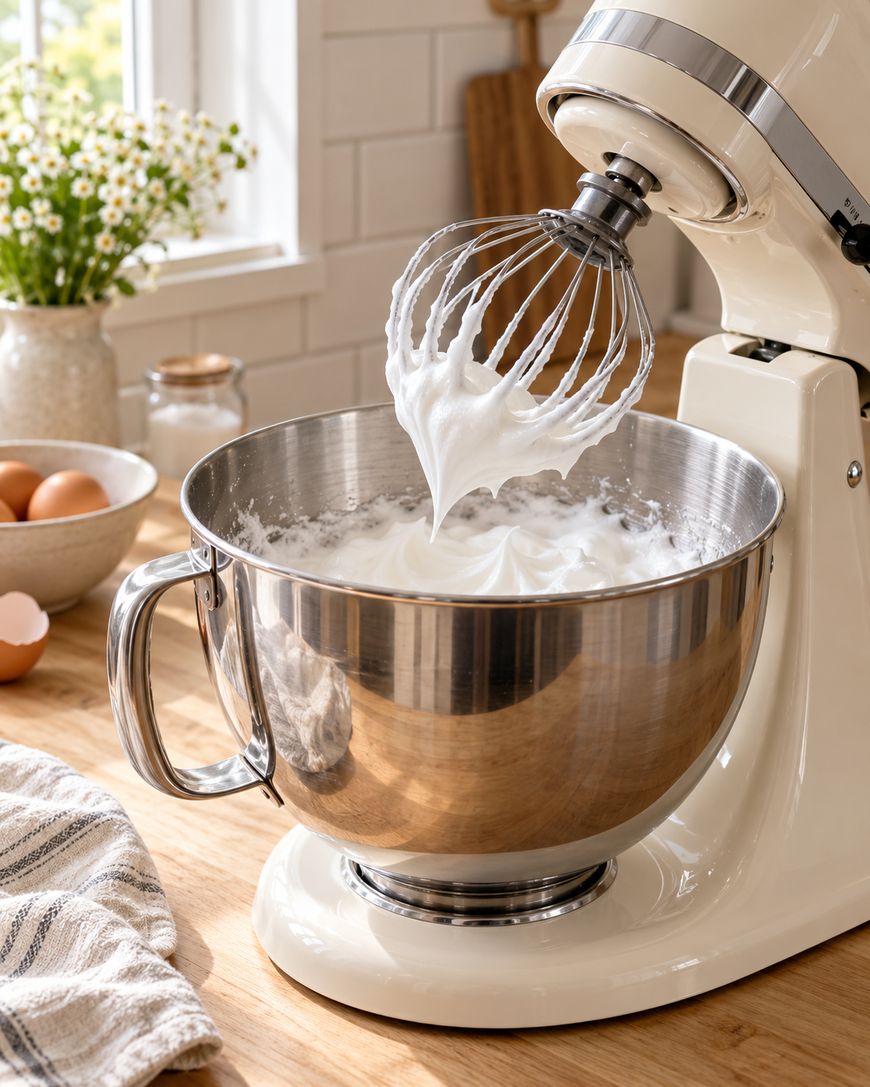 A stand mixer with whipped egg whites in a metal bowl sits on a wooden kitchen counter near eggs, a towel, and flowers by a window.
