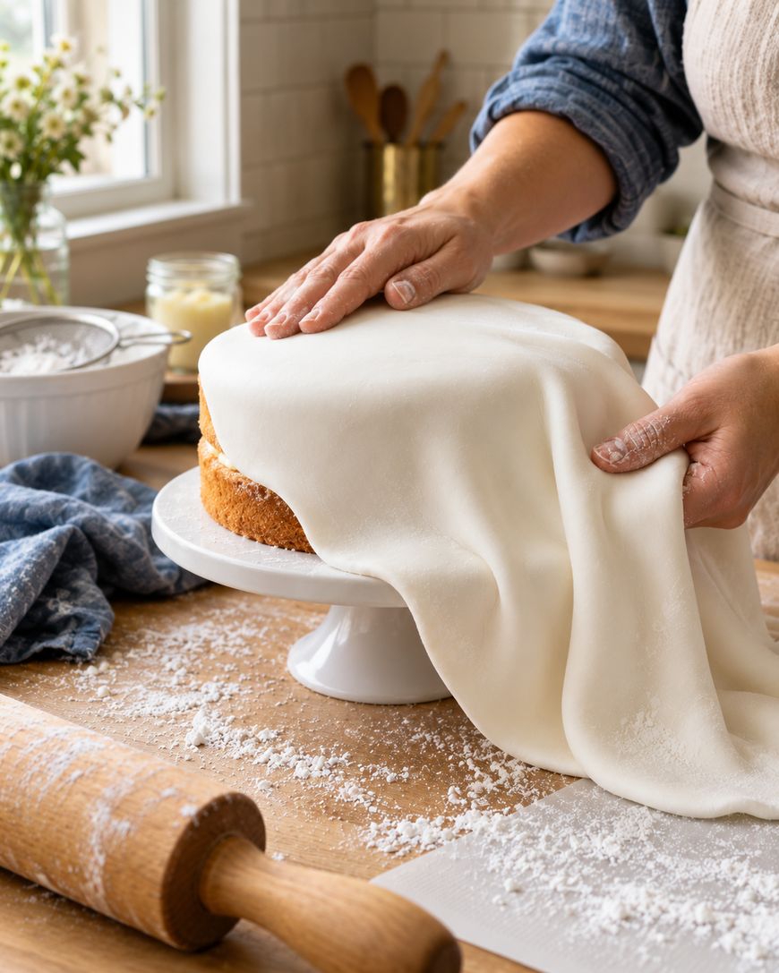 A person drapes a sheet of white fondant over a round sponge cake on a pedestal stand.