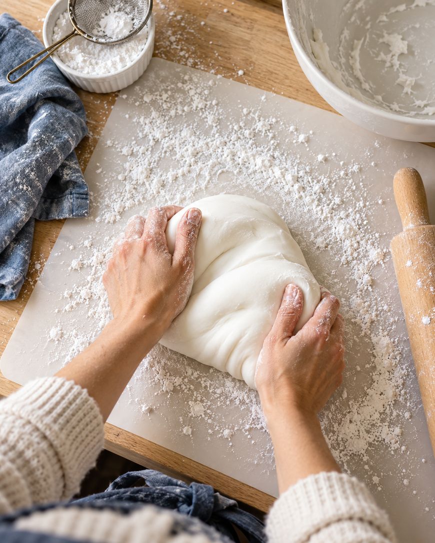 Hands kneading a smooth ball of white dough on a floured surface.