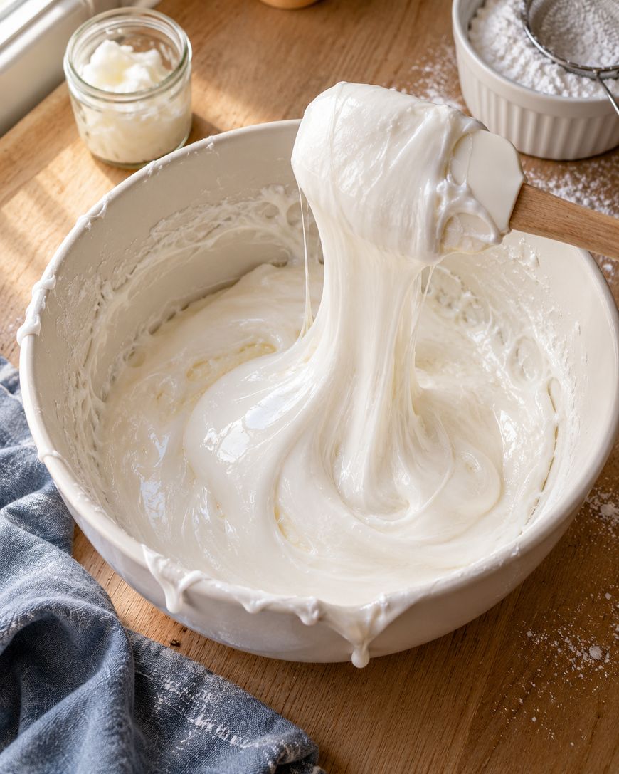 A spatula lifting a portion of thick, glossy white frosting from a mixing bowl.