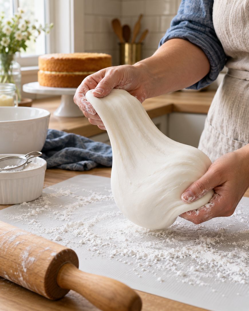 Hands stretching a ball of white dough on a flour-dusted surface.