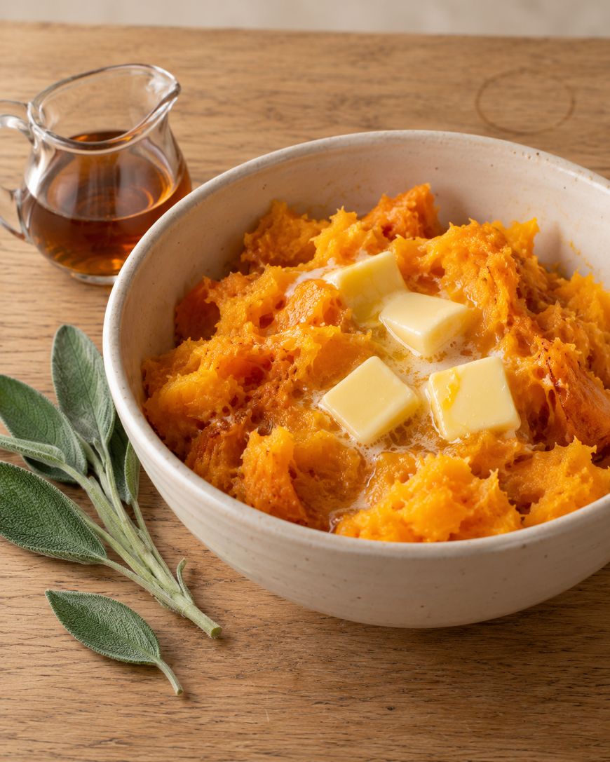 A bowl of mashed sweet potatoes topped with melting butter, served with a small pitcher of syrup and fresh sage leaves.