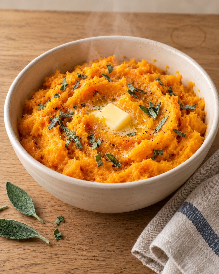 A bowl of mashed sweet potatoes topped with a melting pat of butter and fresh sage leaves.