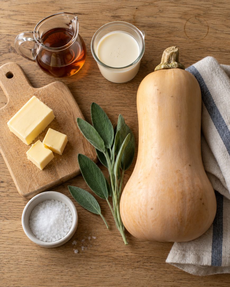A butternut squash, a sprig of sage, cubes of butter on a cutting board, a small bowl of salt, and small pitchers of syrup and cream arranged on a wooden surface.