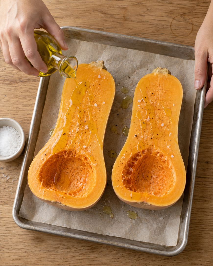 Hands pouring olive oil onto two halved, seasoned butternut squash on a baking sheet.
