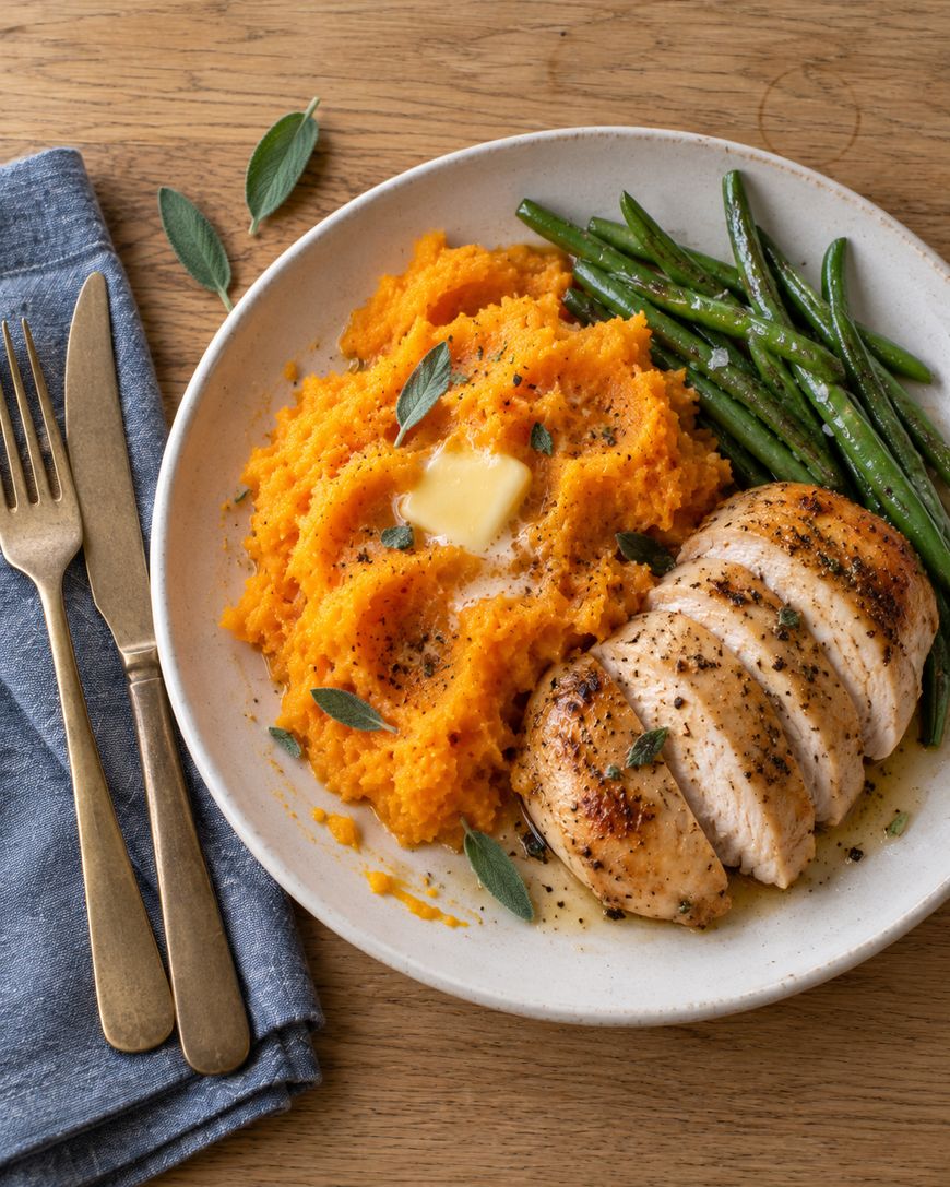A plate of sliced chicken breast, mashed sweet potatoes with a pat of butter, and green beans, garnished with sage leaves.