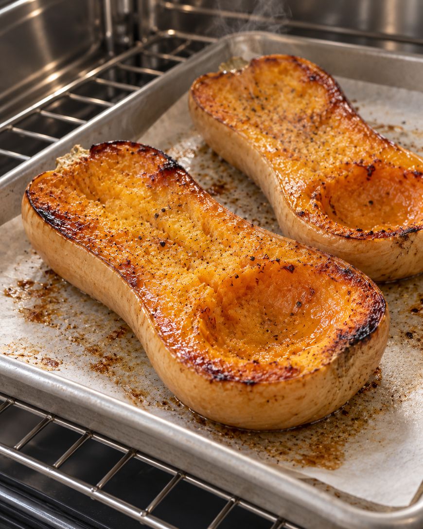 Two halves of roasted butternut squash seasoned with black pepper on a baking sheet inside an oven.