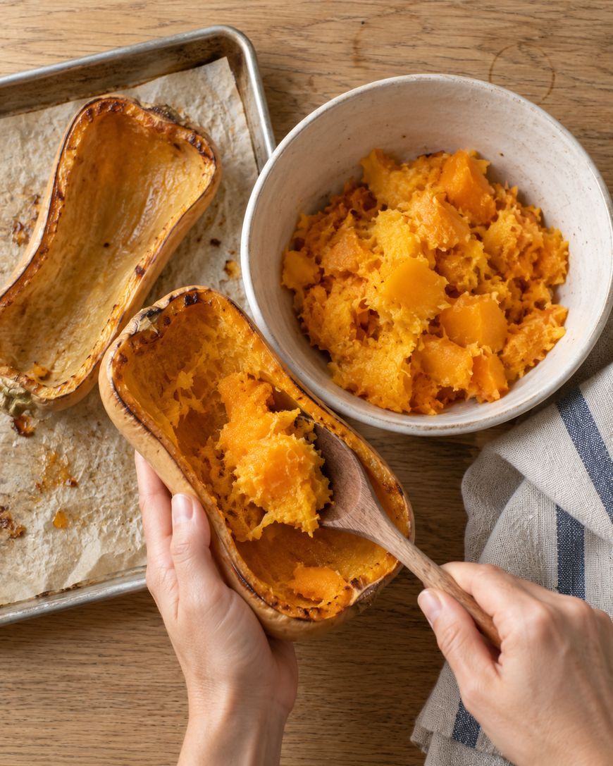 Hands scooping roasted butternut squash from a halved shell into a bowl.