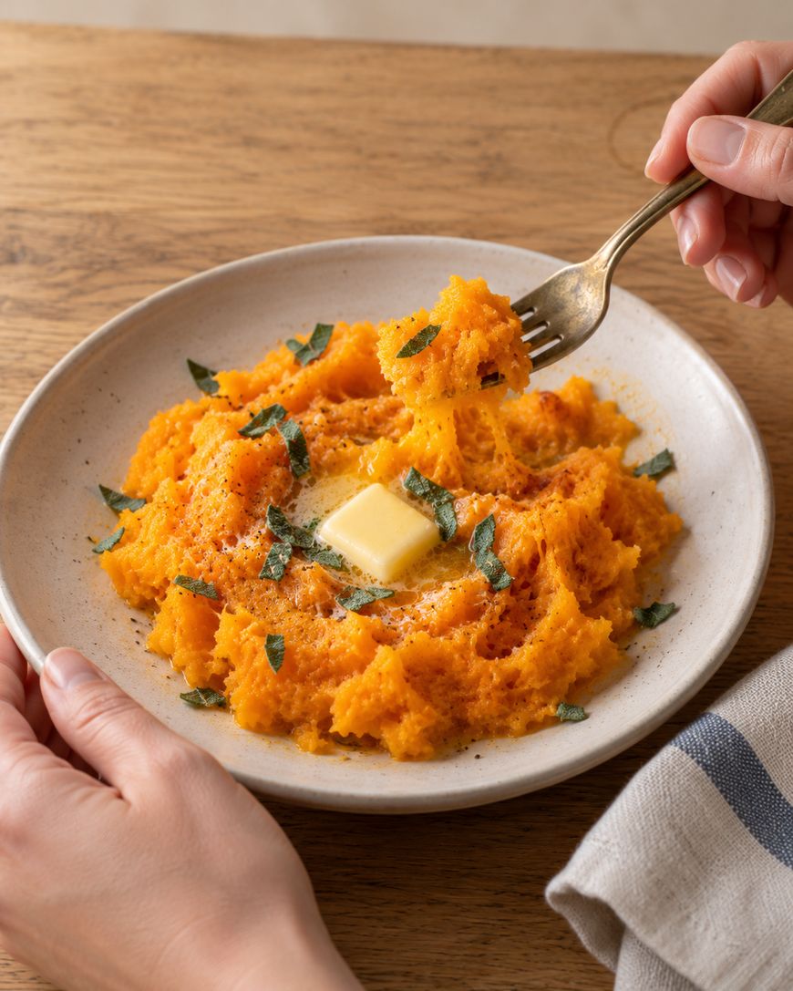 A person lifts a forkful of mashed butternut squash from a plate topped with a melting pat of butter and fresh sage leaves.