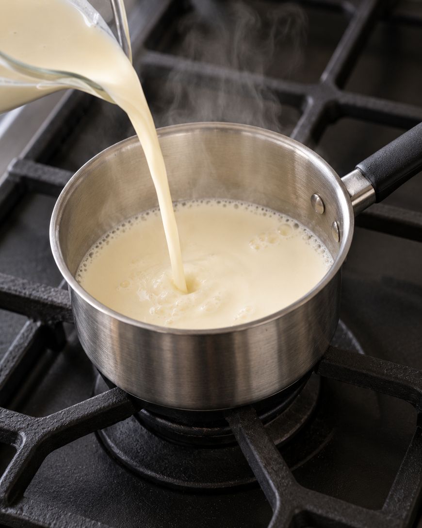 Cream being poured from a pitcher into a small saucepan of simmering liquid on a stovetop.