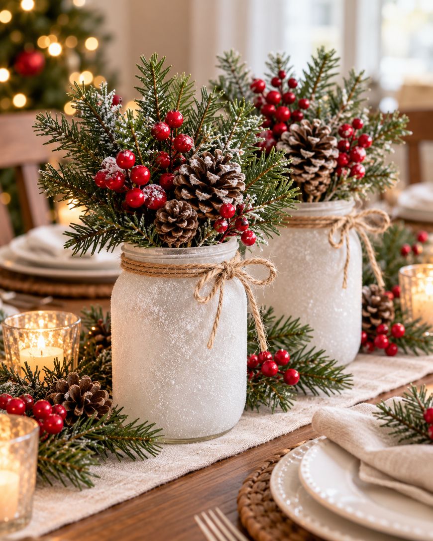 Two frosted glass jars filled with evergreen sprigs, pinecones, and red berries, arranged on a holiday-themed dining table with candles and place settings.
