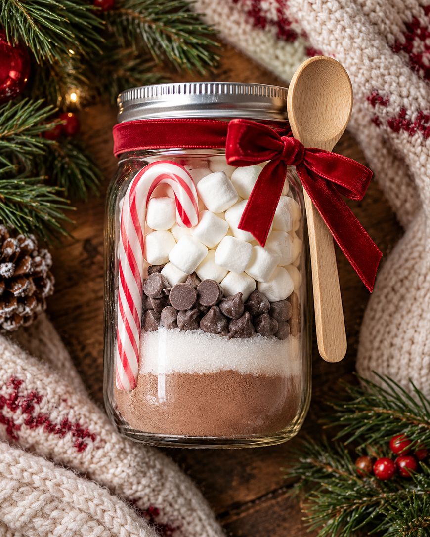 A glass jar filled with layers of hot cocoa mix, sugar, chocolate chips, and mini marshmallows, adorned with a candy cane and a wooden spoon tied with a red velvet ribbon.