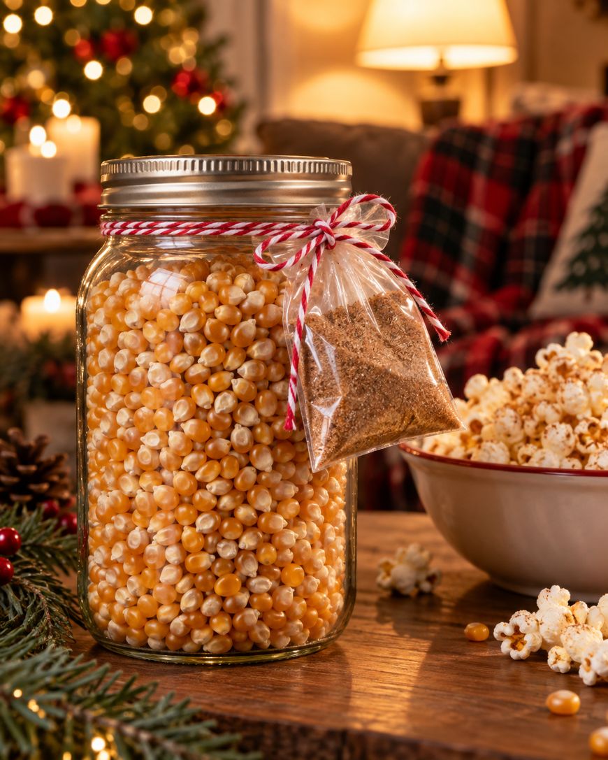 A glass jar filled with popcorn kernels with a small bag of seasoning tied to the lid with twine, sitting on a wooden table next to a bowl of popped popcorn.