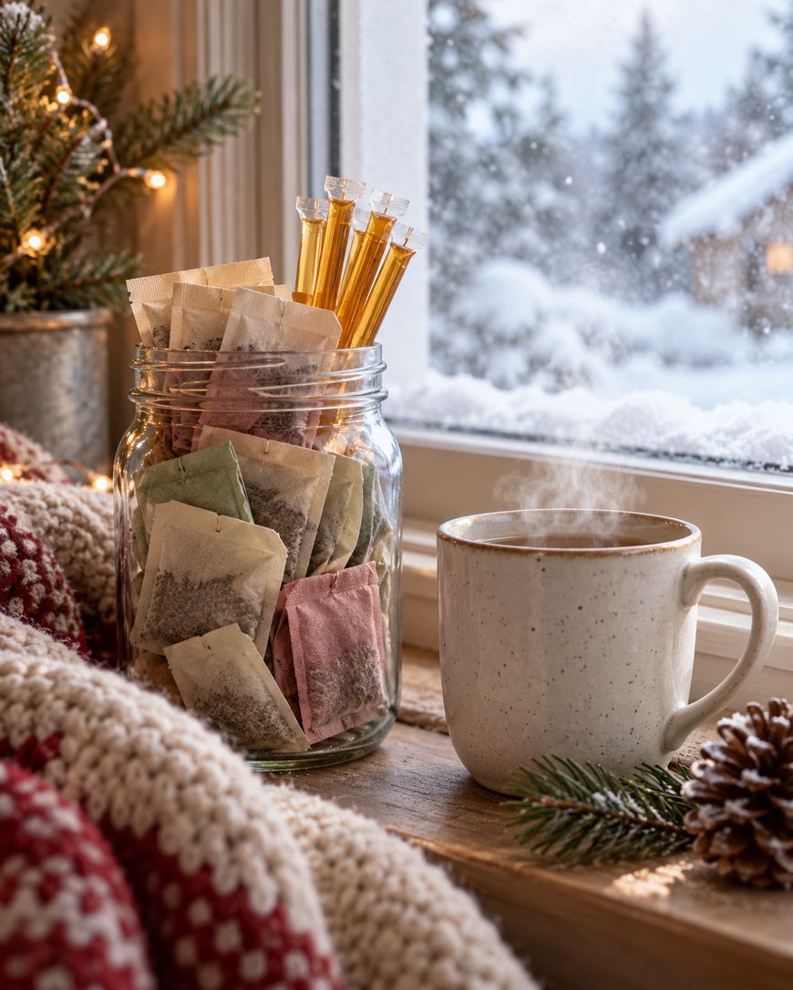 A glass jar filled with tea bags and honey sticks sits on a windowsill next to a steaming mug of tea, overlooking a snowy landscape.