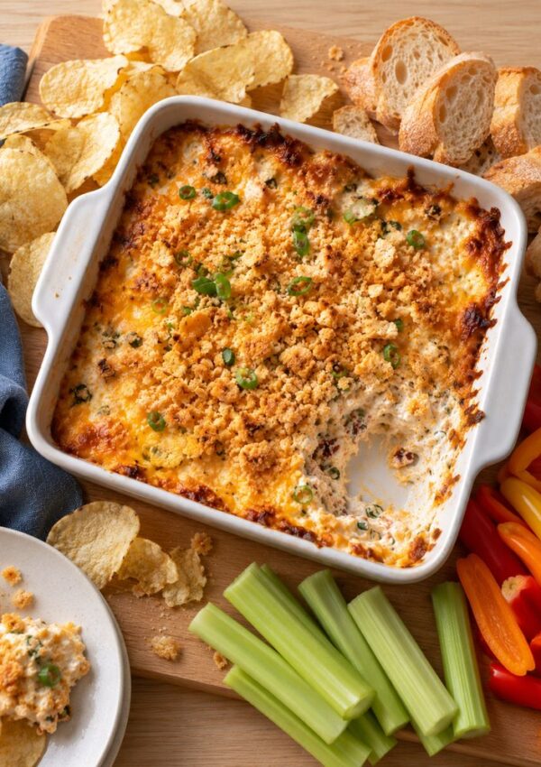 A square baking dish of baked cheese dip topped with breadcrumbs and green onions, served with potato chips, sliced baguette, and raw bell pepper and celery sticks.