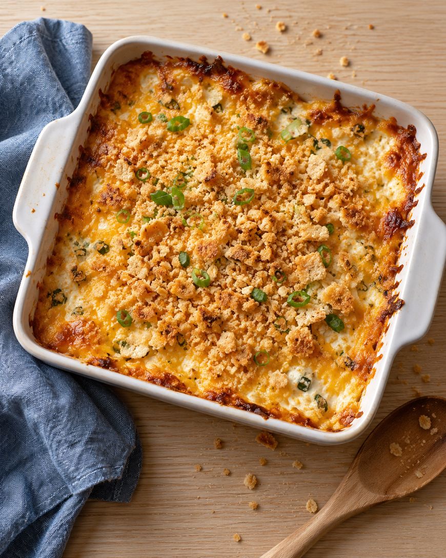 A square white baking dish filled with a golden-brown casserole topped with breadcrumbs and green onions, set on a wooden surface next to a blue napkin and a wooden spoon.