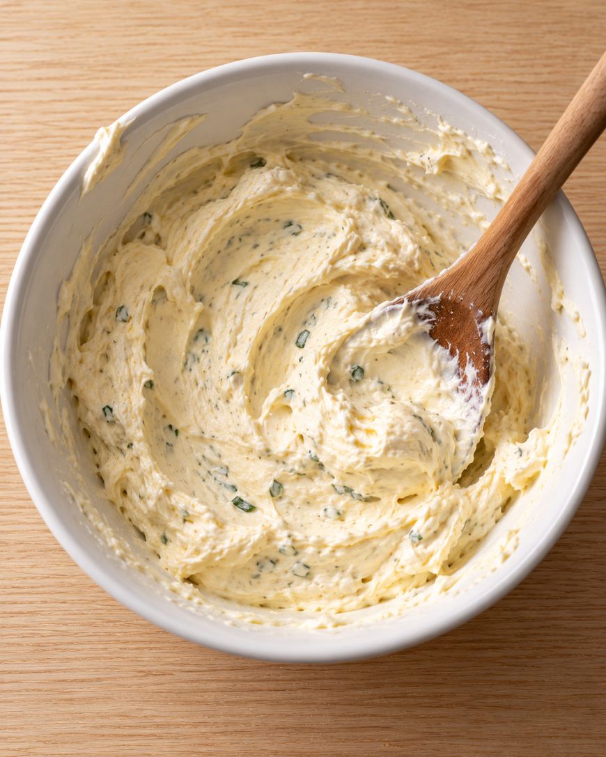 A wooden spoon in a white bowl mixing herb butter.