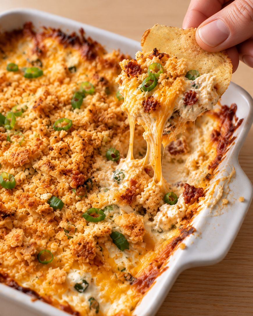 A hand dips a tortilla chip into a hot, cheesy baked dip topped with breadcrumbs, bacon bits, and sliced green onions.