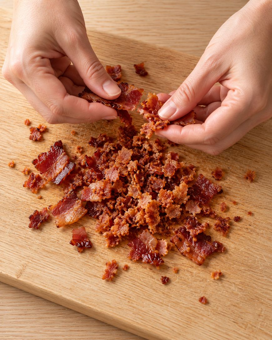 Hands crumbling crispy bacon bits on a wooden cutting board.