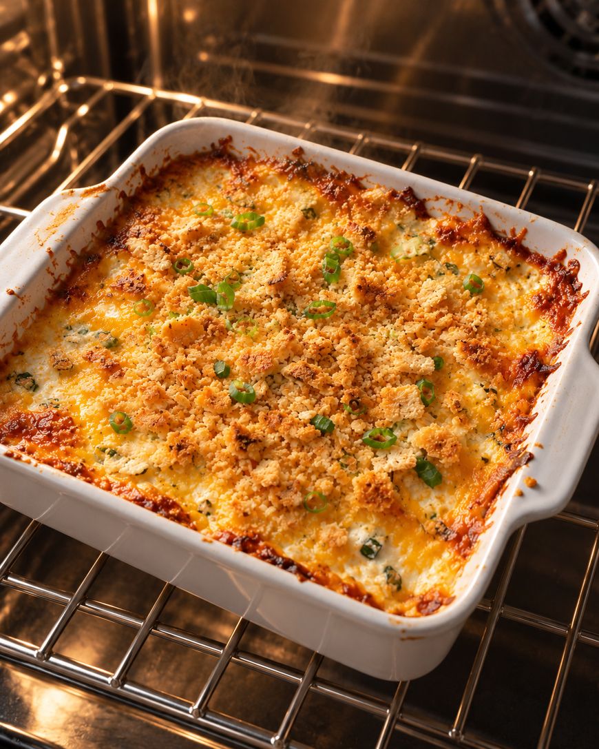 Baked casserole in a white dish, topped with golden-brown breadcrumbs and green onions, sitting on an oven rack.