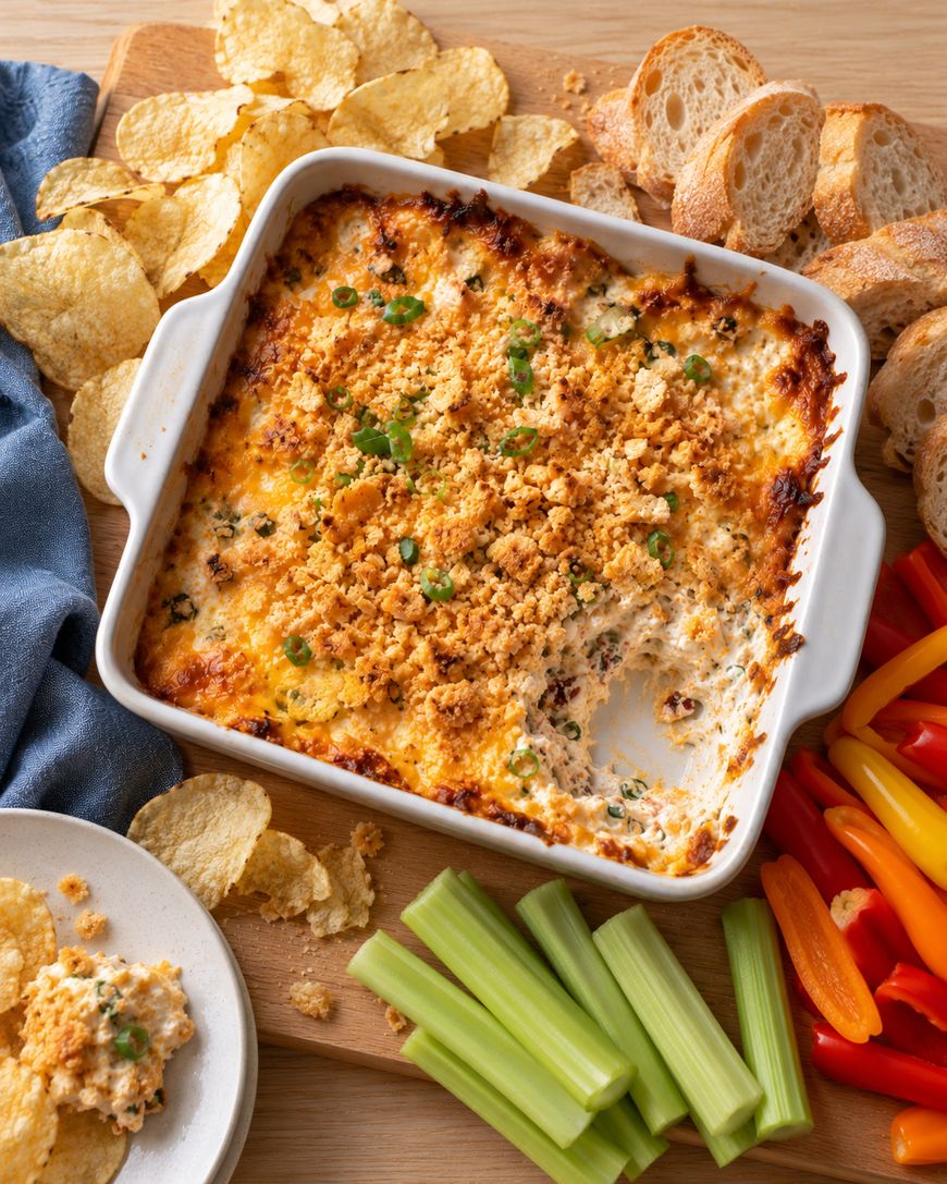 A baked cheesy dip in a square dish, served with potato chips, sliced baguette, celery sticks, and bell pepper strips.