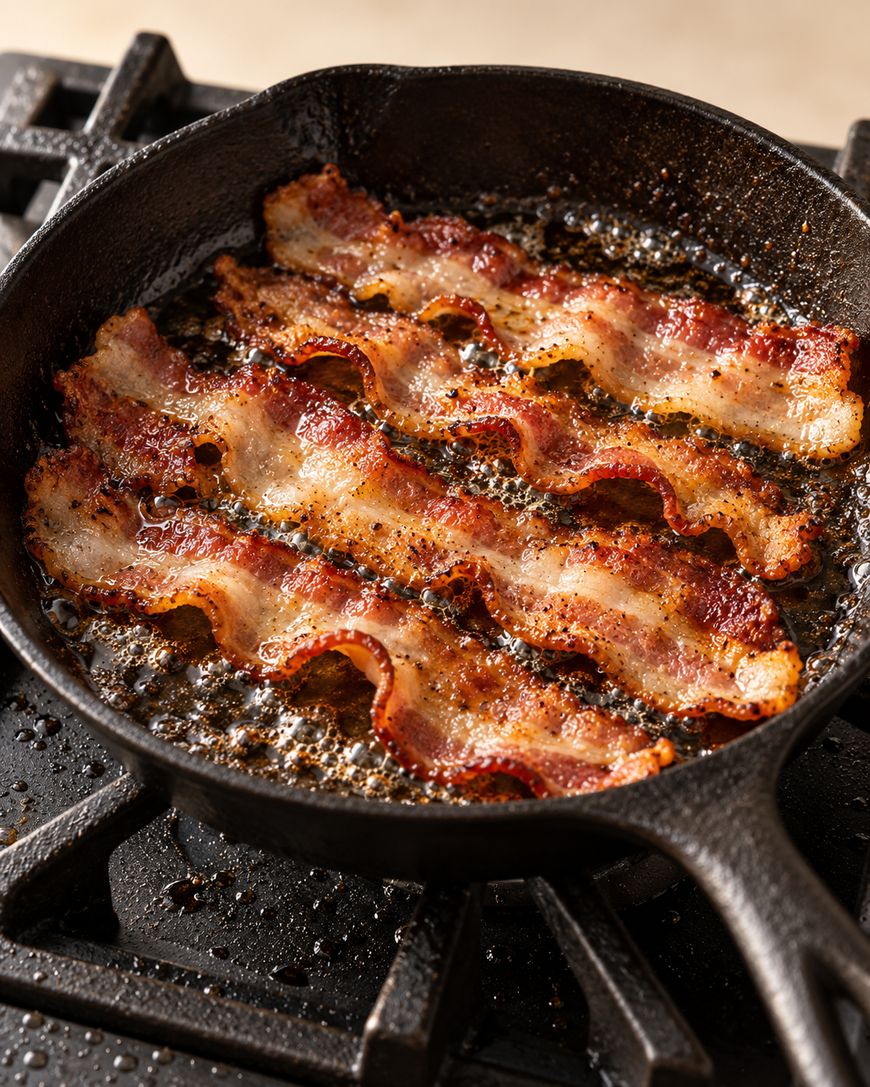 Slices of bacon frying in a cast-iron skillet on a stovetop.