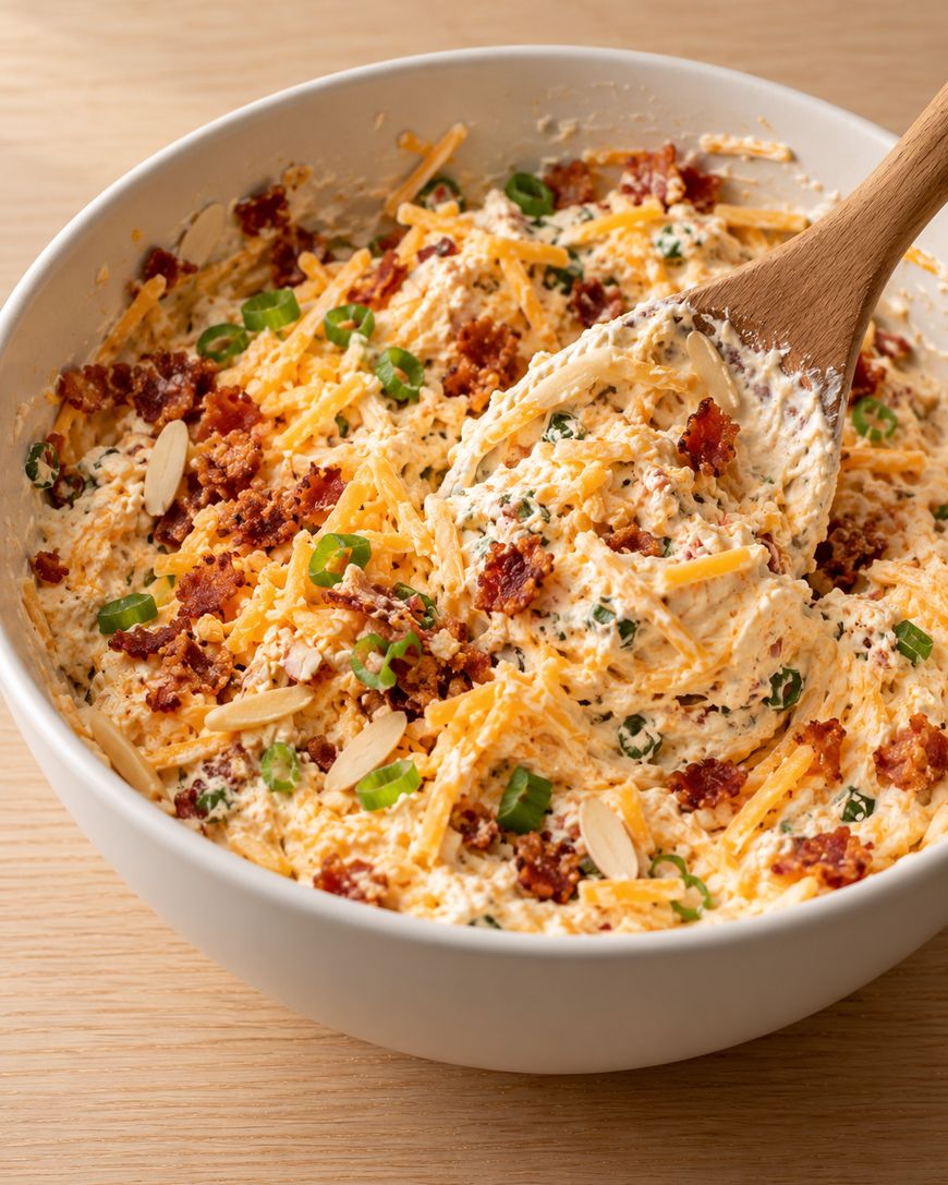 A wooden spoon stirs a creamy dip in a white bowl, topped with shredded cheddar cheese, bacon bits, green onions, and sliced almonds.