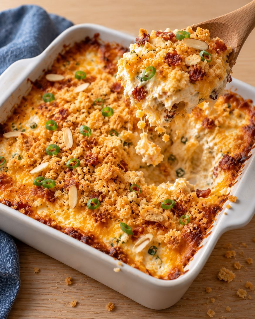 A wooden spoon lifts a scoop of cheesy baked dip topped with bacon, breadcrumbs, and sliced green onions from a white ceramic baking dish.