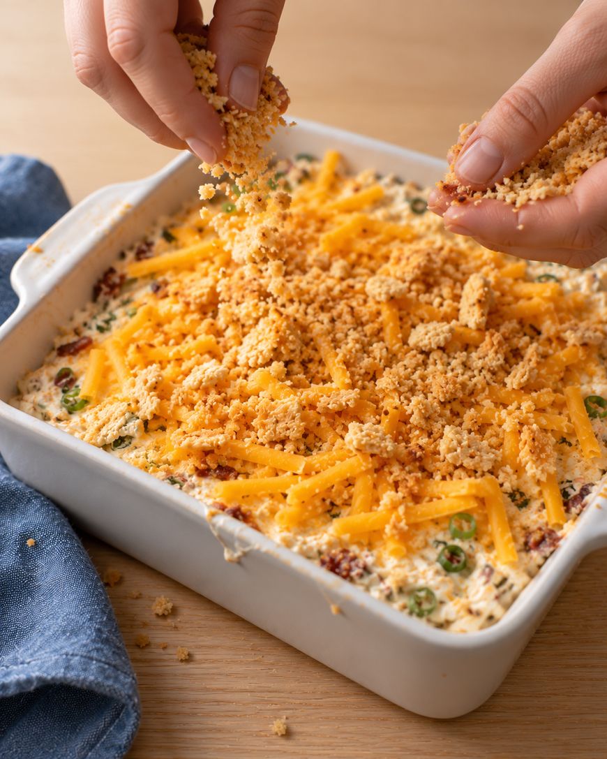 Hands sprinkling crumb topping over a white baking dish filled with a creamy dip, shredded cheddar cheese, and green onions.