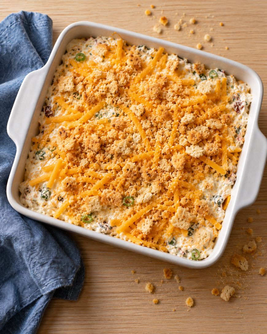 A square baking dish containing a creamy dip topped with shredded cheddar cheese and crumbled crackers.
