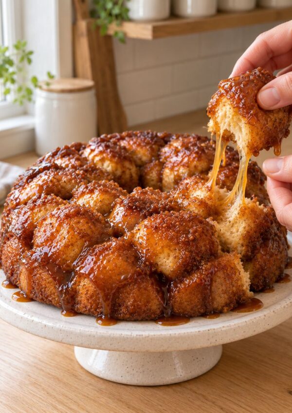 Hands pulling a piece of sticky monkey bread from a glazed pull-apart loaf on a pedestal cake stand.