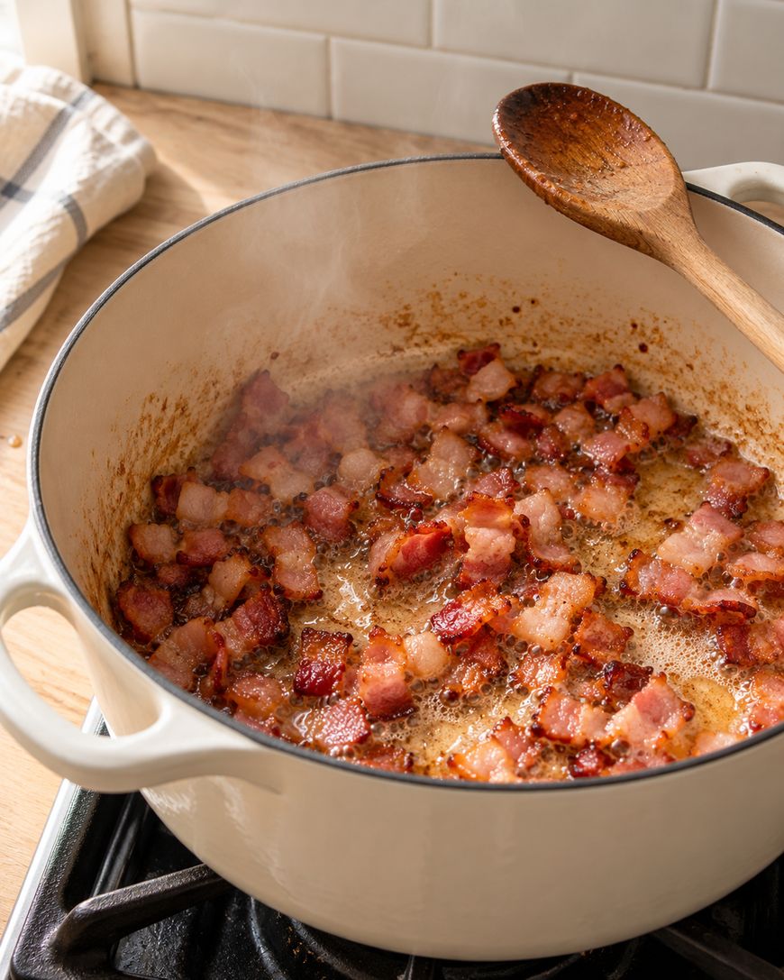 Diced bacon sizzling and browning in a white Dutch oven on a stovetop, with a wooden spoon resting on the side and steam rising from the pan.
