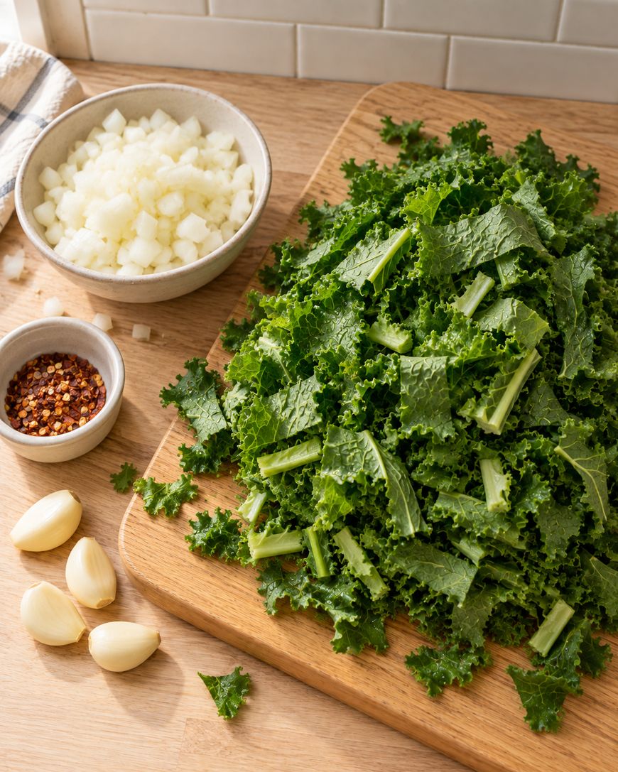 Chopped kale on a wooden cutting board, surrounded by a bowl of diced onions, a bowl of red pepper flakes, and four whole garlic cloves on a kitchen counter.