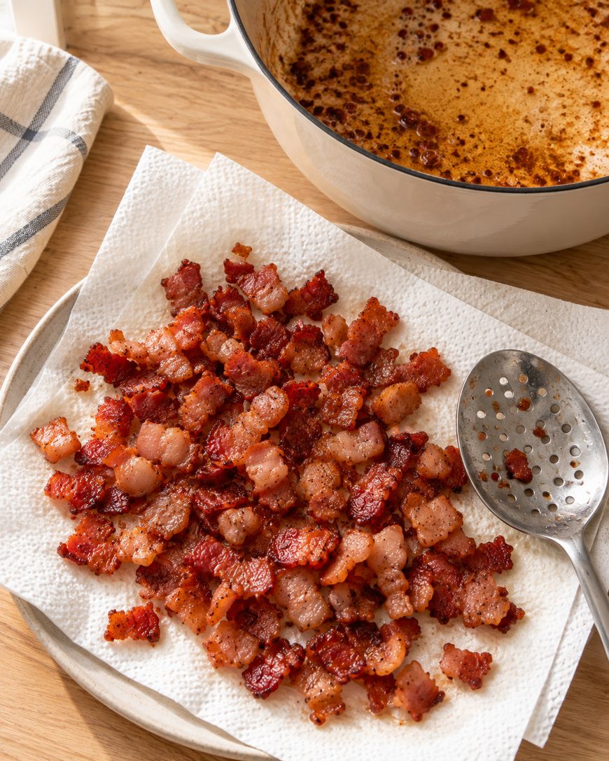 Cooked bacon pieces on a paper towel-lined plate, next to a slotted spoon and a pot with browned bits and grease, all on a wooden surface.