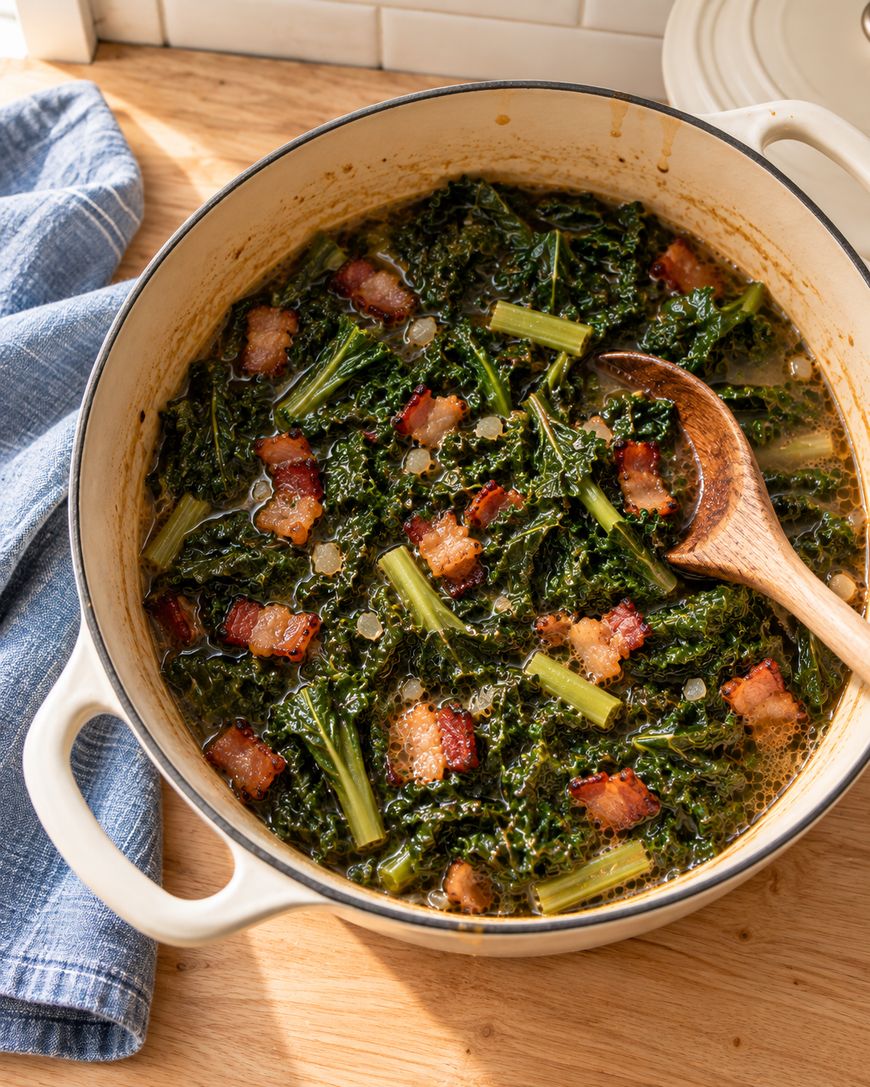 A white pot filled with cooked kale, bacon pieces, and broth sits on a wooden counter. A wooden spoon rests inside the pot, and a blue cloth is nearby.