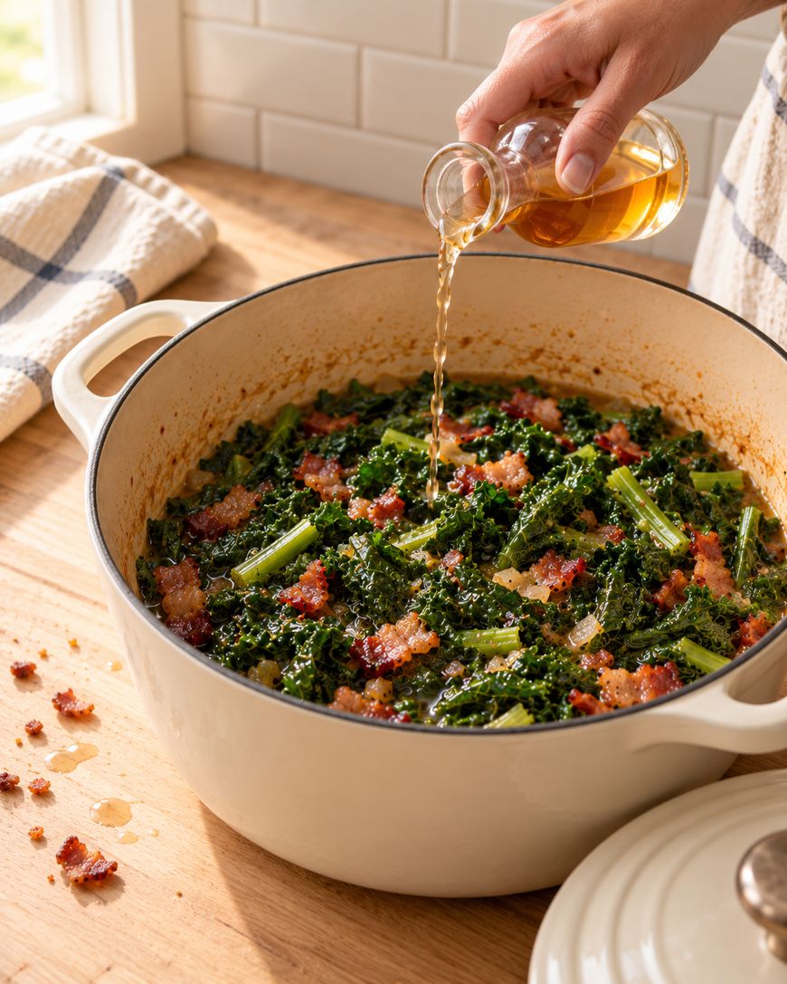 A hand pours liquid from a small glass jar into a pot filled with cooked kale and bacon pieces on a wooden countertop.