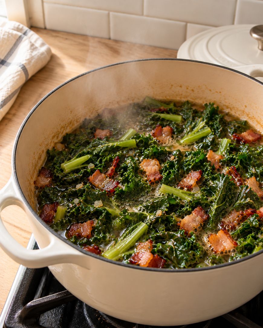 A white Dutch oven on a stove is filled with simmering greens, including kale and celery, and pieces of bacon. Steam is rising from the pot, and a white Dutch oven lid is in the background on a wooden countertop.